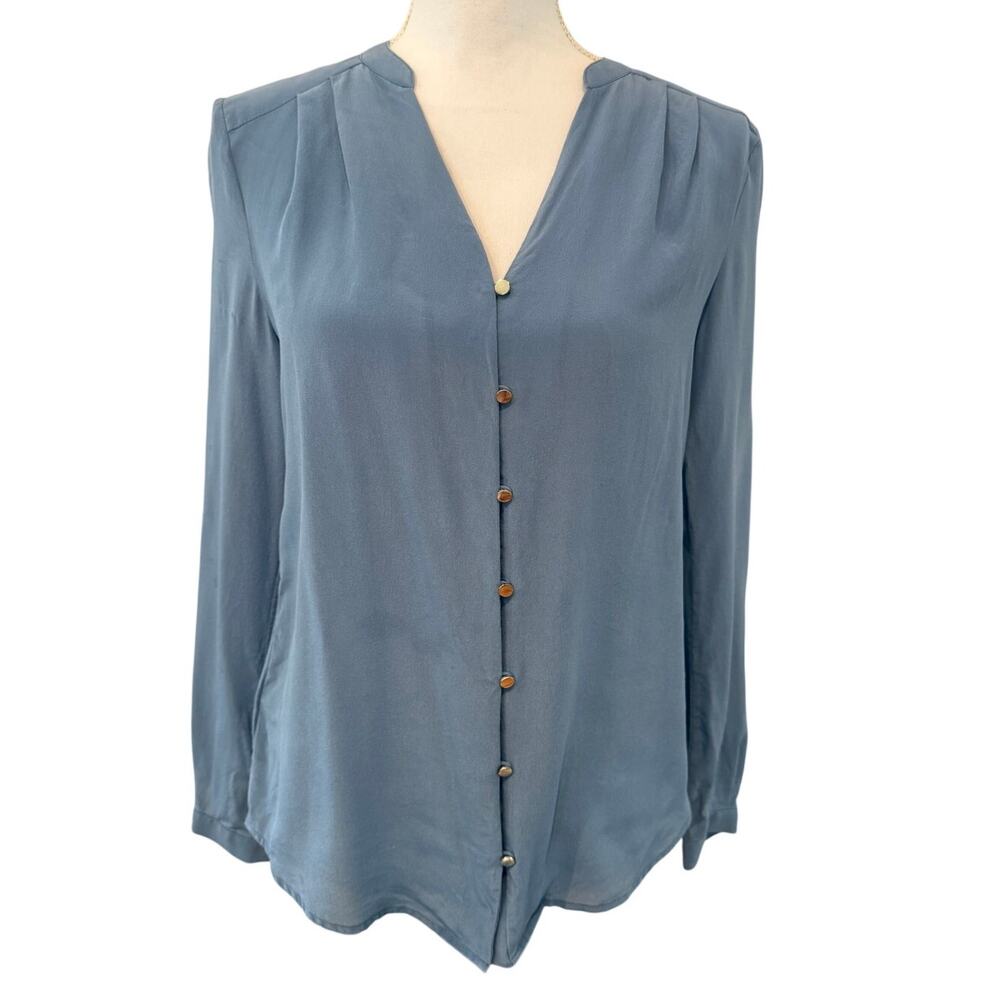 Ann Taylor Silk Split Neck Top Slate Blue 4